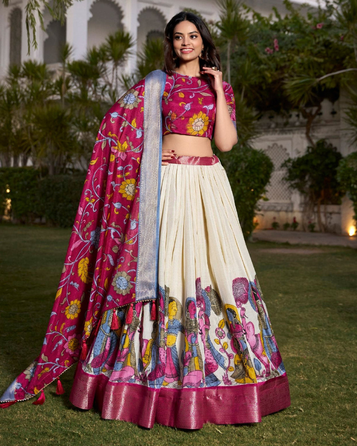 Ivory maroon kalamkari print tussar silk lehenga set mameraa