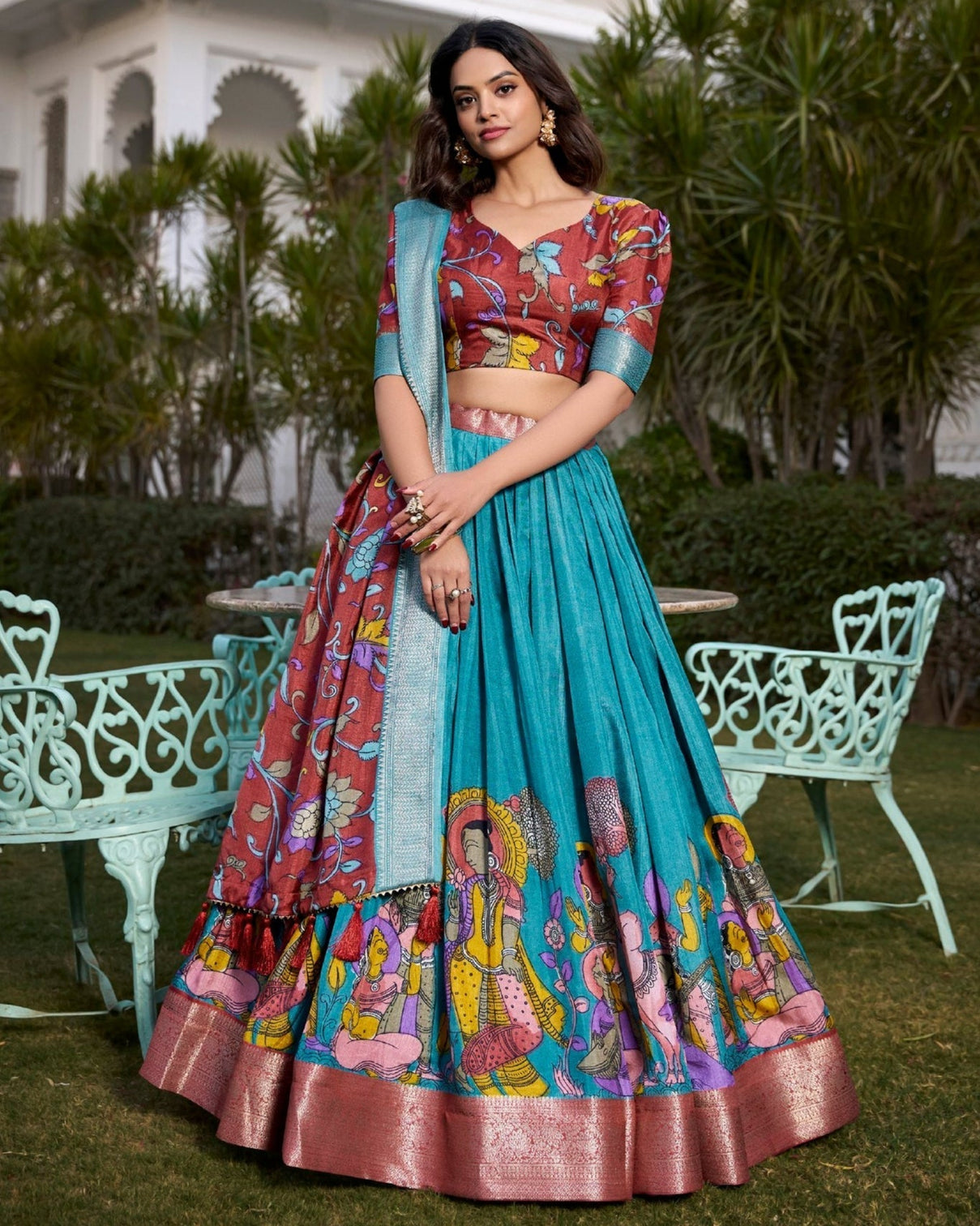 Exquisite aqua blue rust dola silk kalamkari lehenga set with zari weaving border mameraa