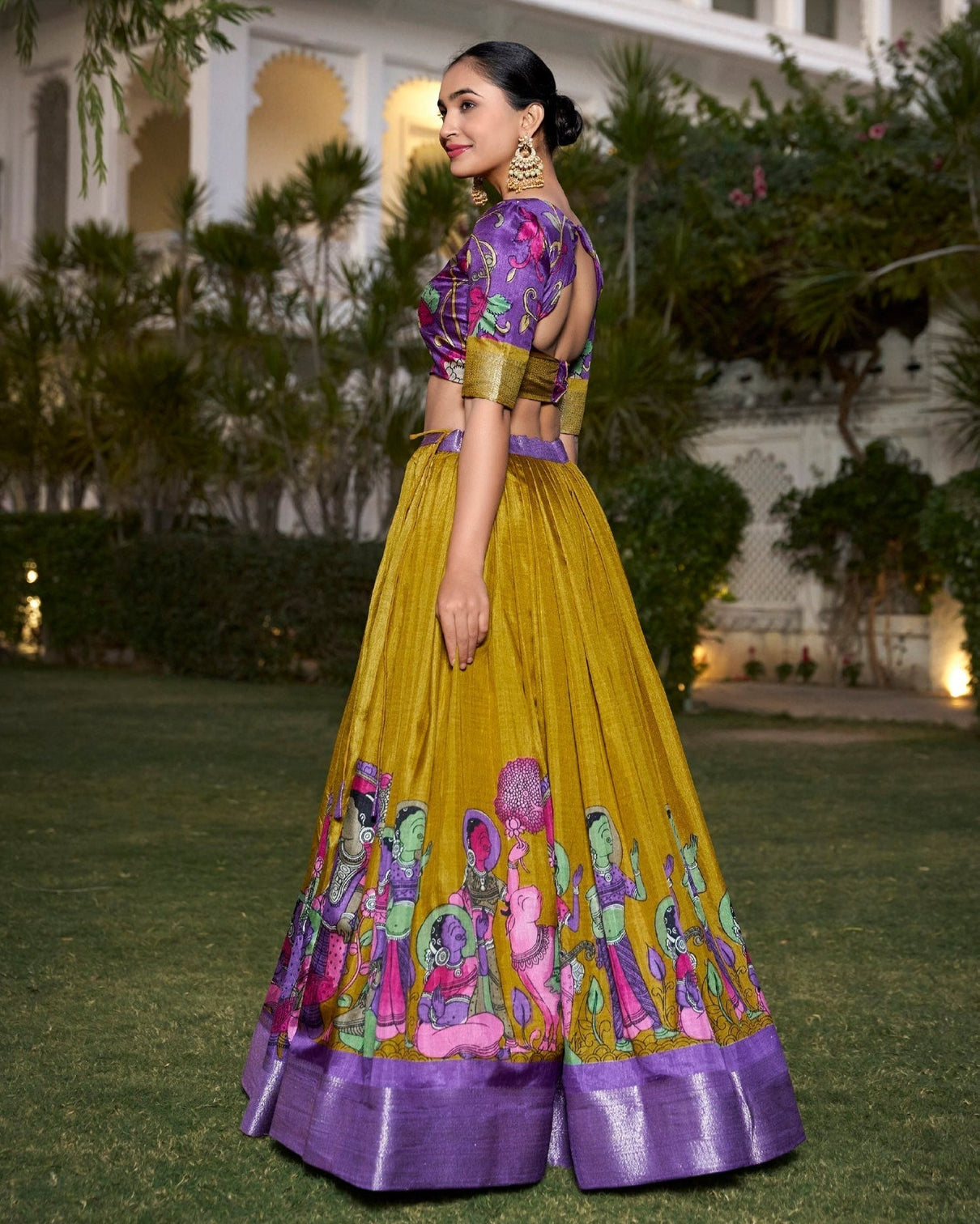Royal mustard purple dola silk kalamkari lehenga set with zari weaving border