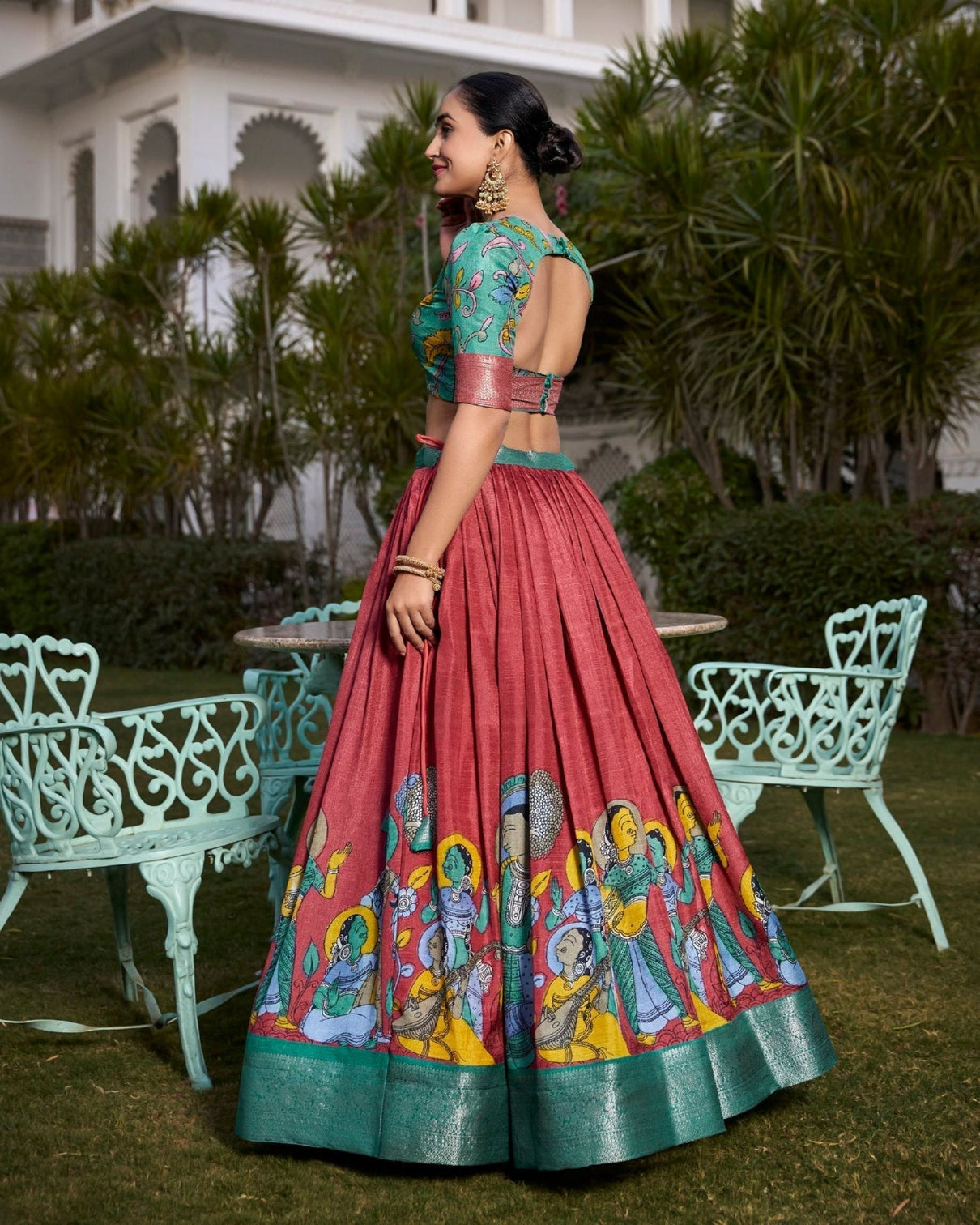 Elegant green rust kalamkari print dola silk lehenga set
