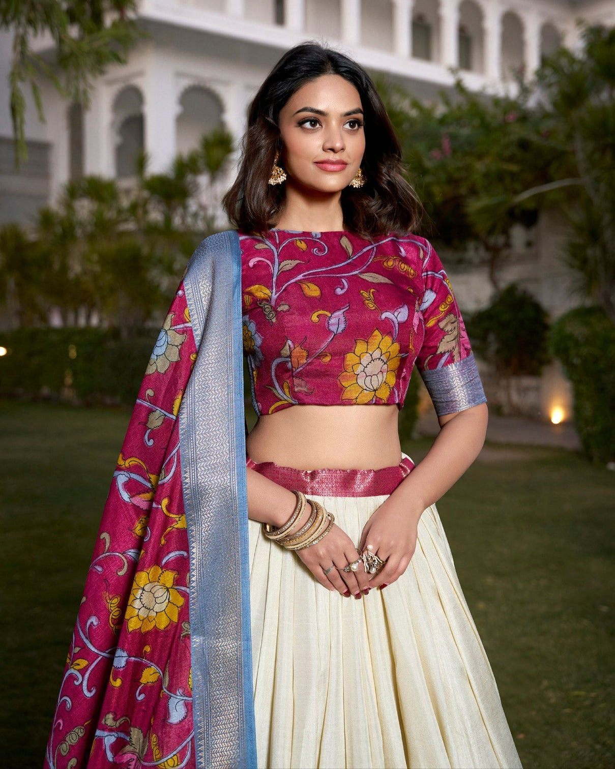 Ivory maroon kalamkari print tussar silk lehenga set