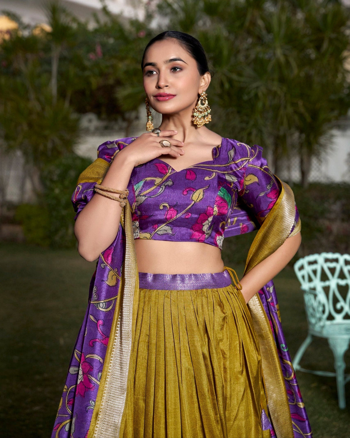 Royal mustard purple dola silk kalamkari lehenga set with zari weaving border