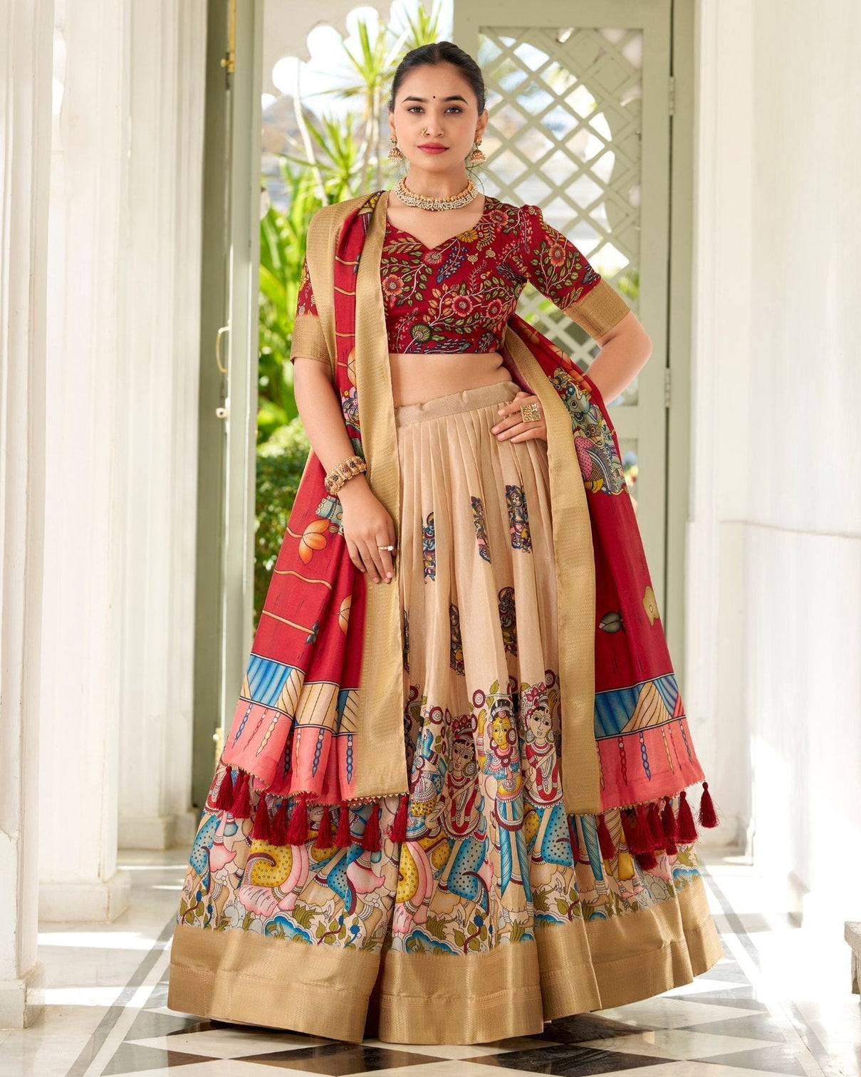 Regal beige red kalamkari print tussar silk lehenga set