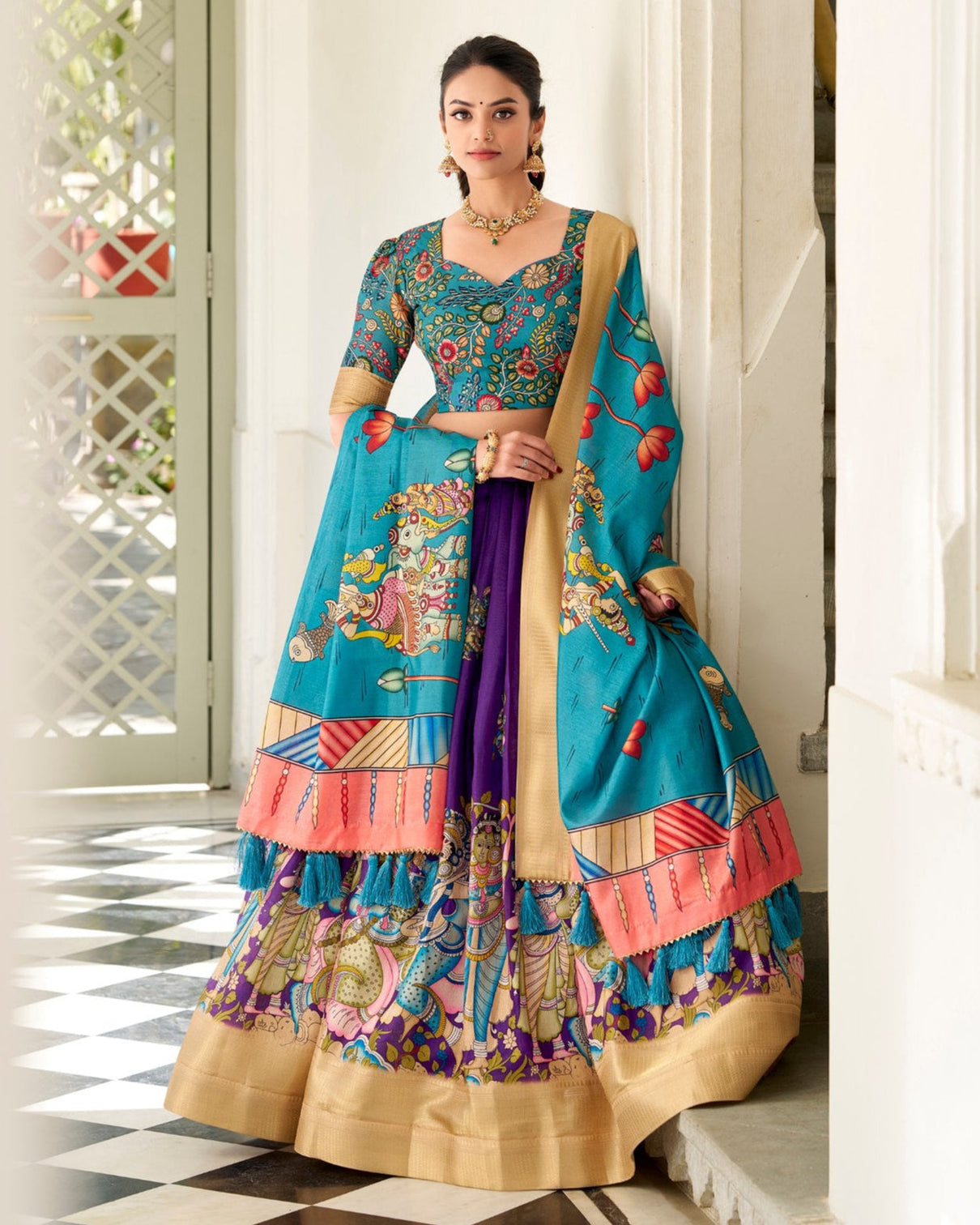 Purple teal kalamkari print tussar silk lehenga set