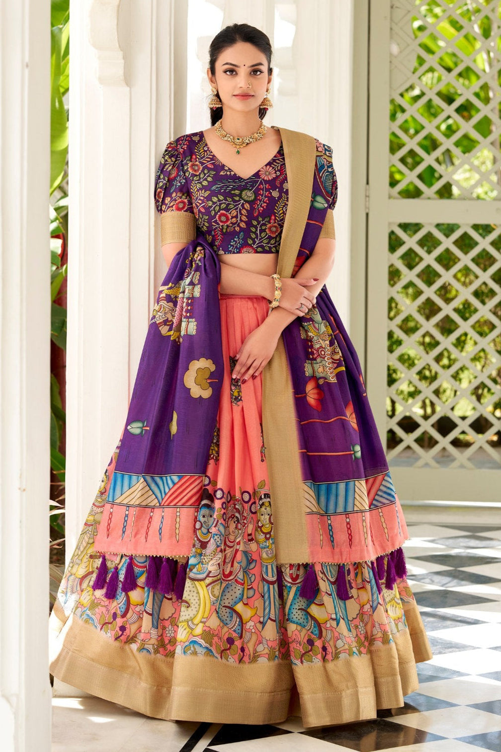 Purple peach kalamkari print tussar silk lehenga set