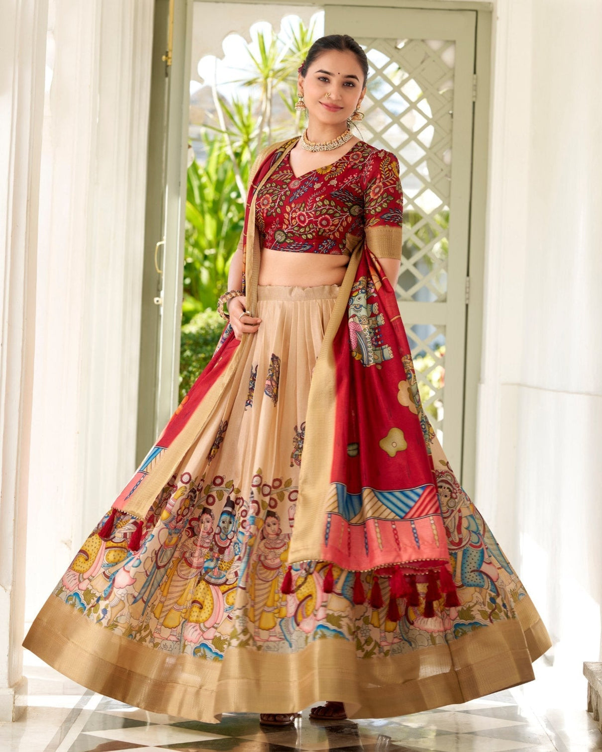 Regal beige red kalamkari print tussar silk lehenga set mameraa