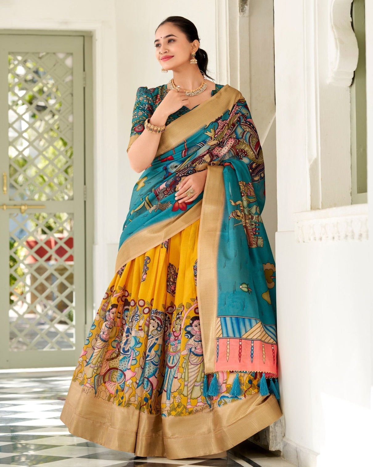 Royal mustard teal kalamkari print tussar silk lehenga set mameraa