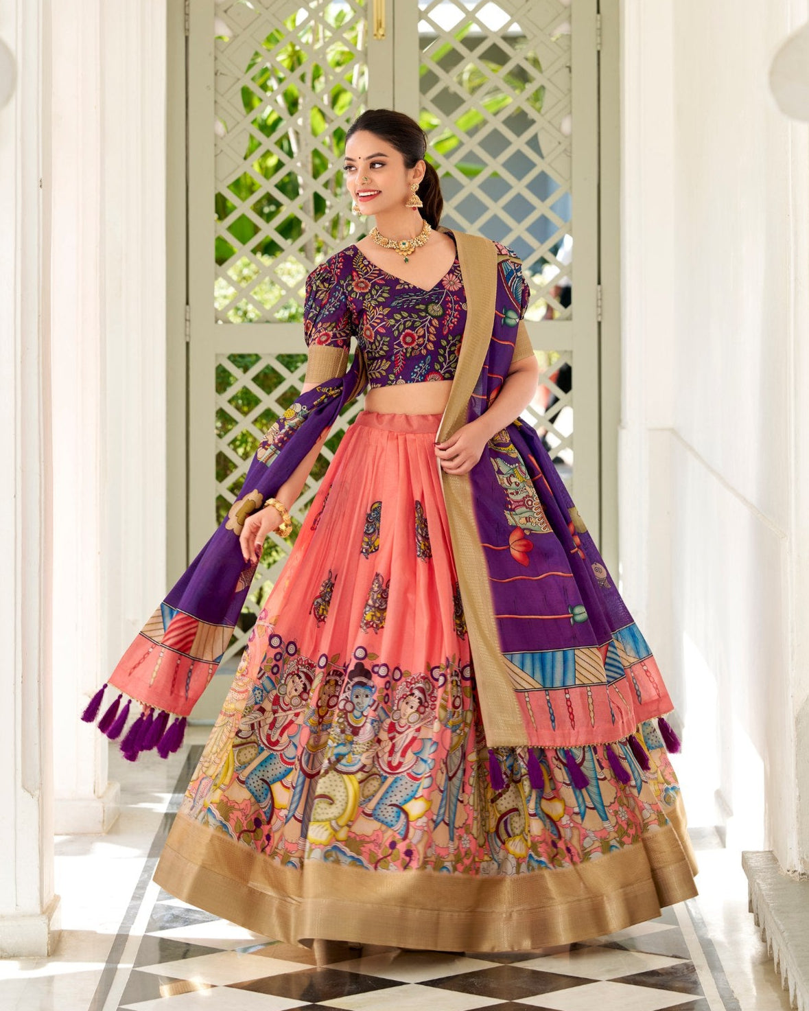 Purple peach kalamkari print tussar silk lehenga set mameraa