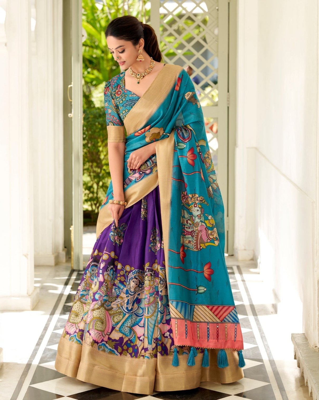 Purple teal kalamkari print tussar silk lehenga set mameraa