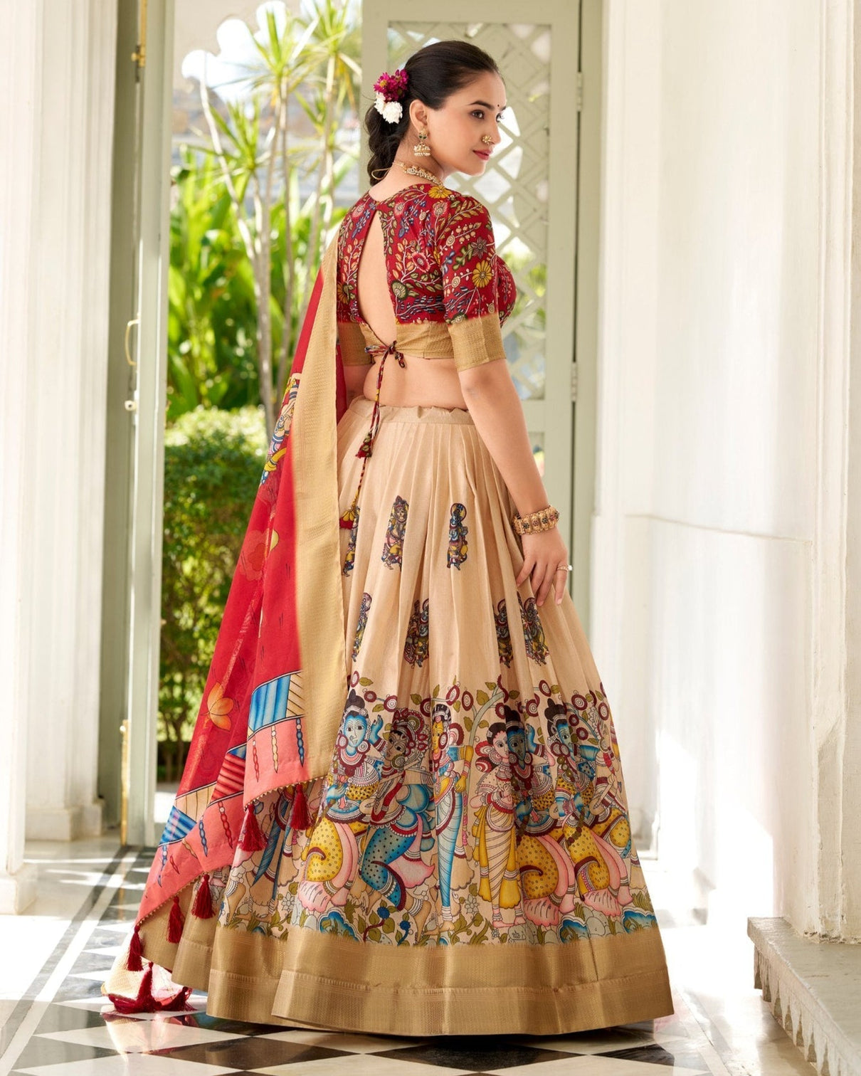 Regal beige red kalamkari print tussar silk lehenga set