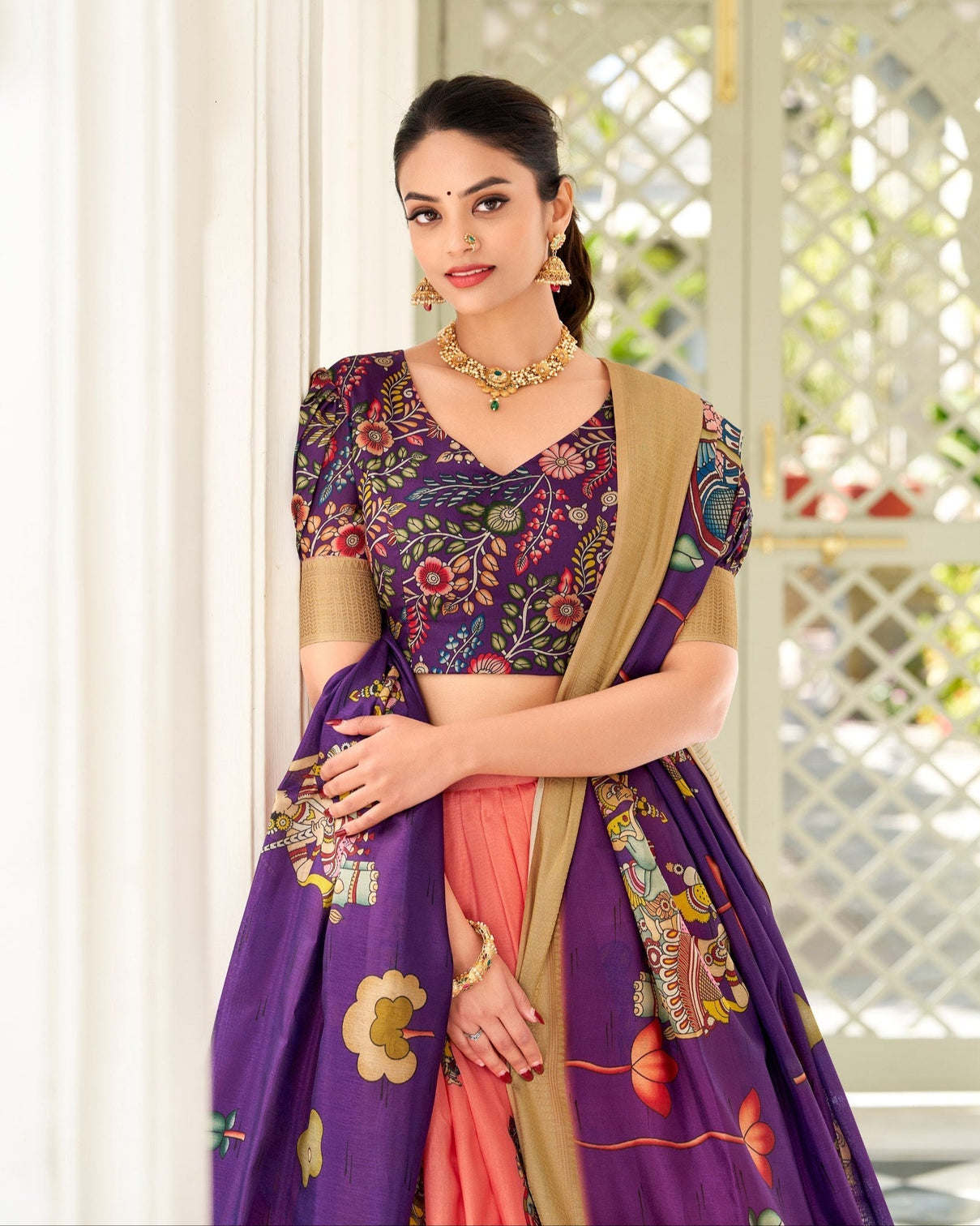 Purple peach kalamkari print tussar silk lehenga set