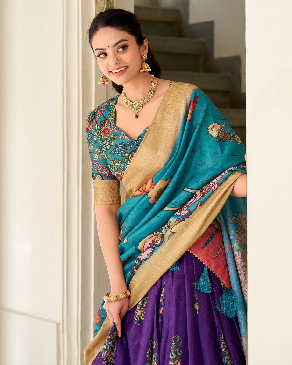 Purple teal kalamkari print tussar silk lehenga set