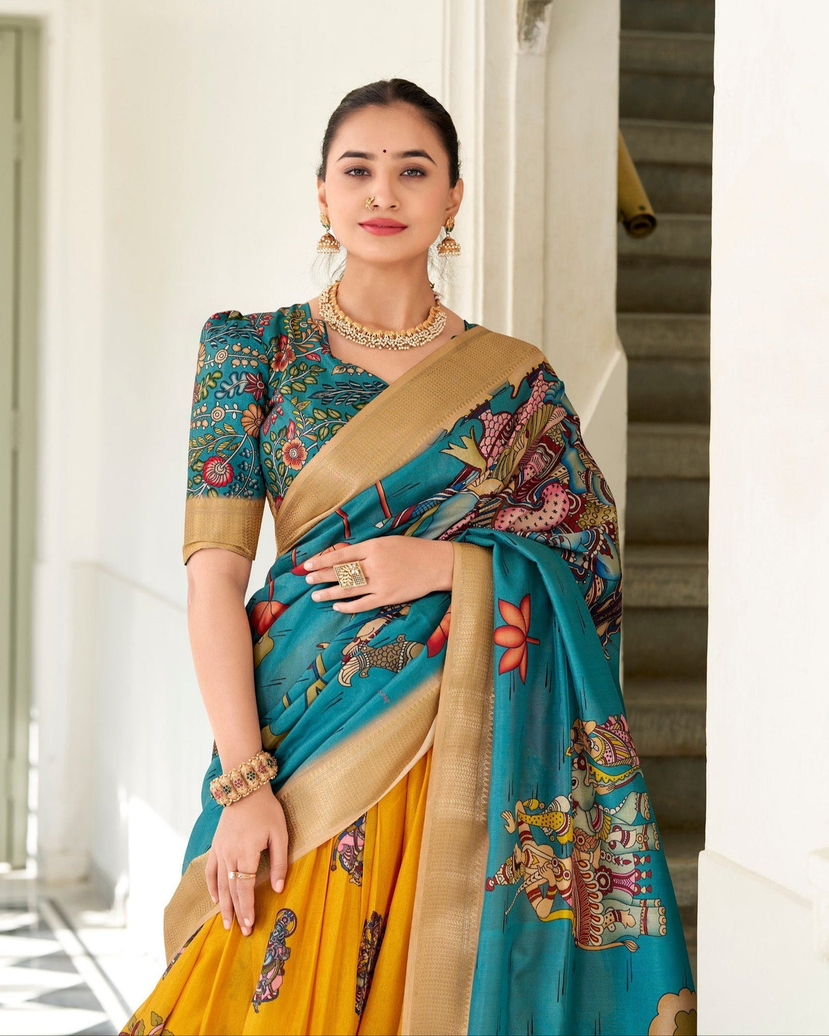 Royal mustard teal kalamkari print tussar silk lehenga set