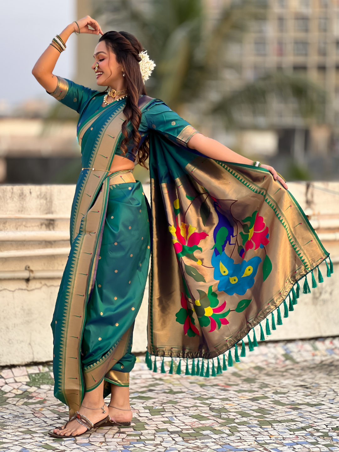 Parrot green wedding special nauvari paithani soft silk saree with zari woven polka motifs and peacock pallu