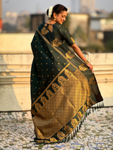 Bottle Green Soft Silk Traditional Zari Woven Saree