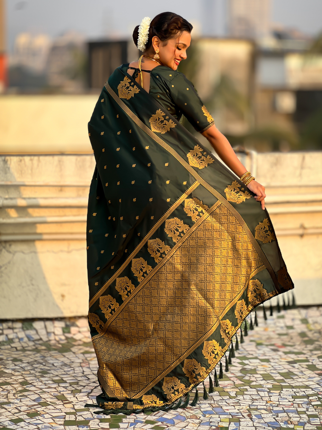 Bottle Green Soft Silk Traditional Zari Woven Saree
