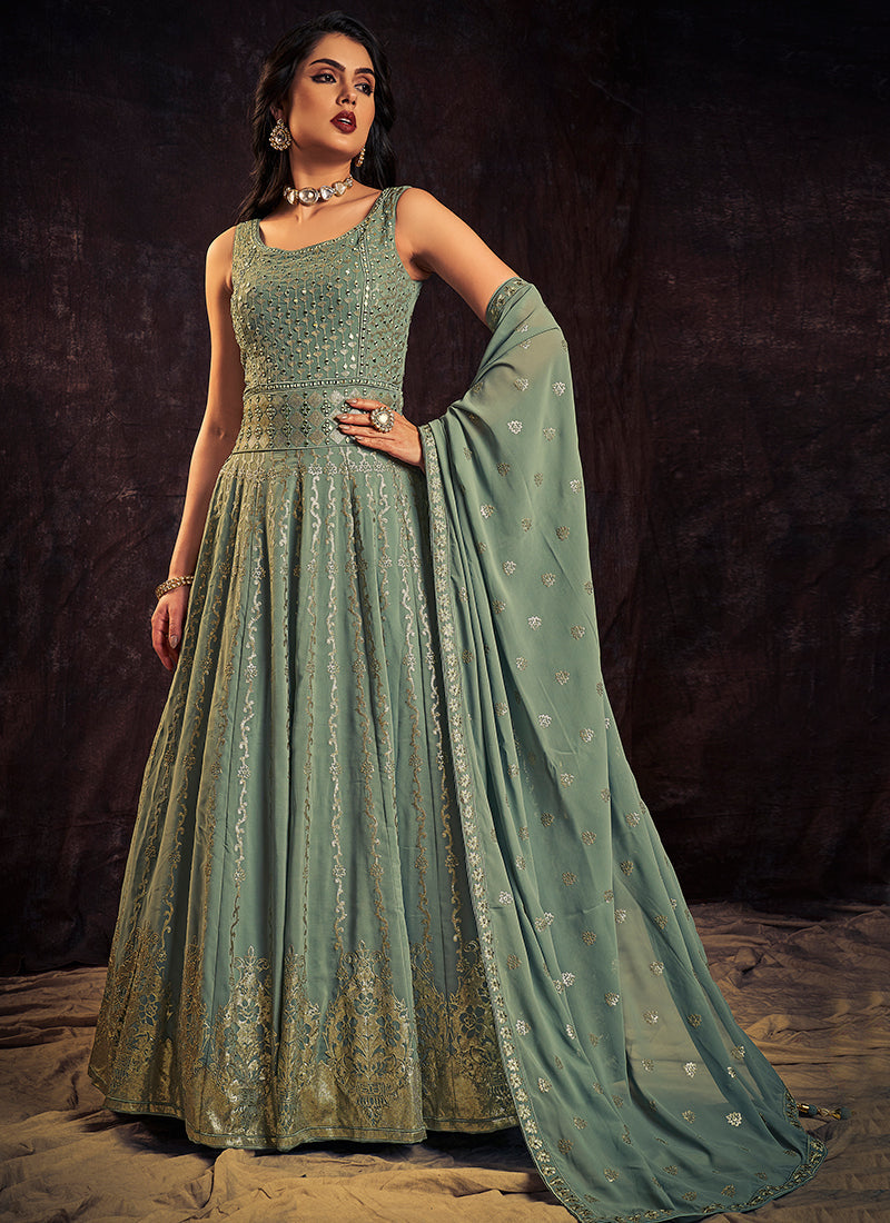 Teal Blue Sequence And Mirror Work Embroidery Anarkali Gown
