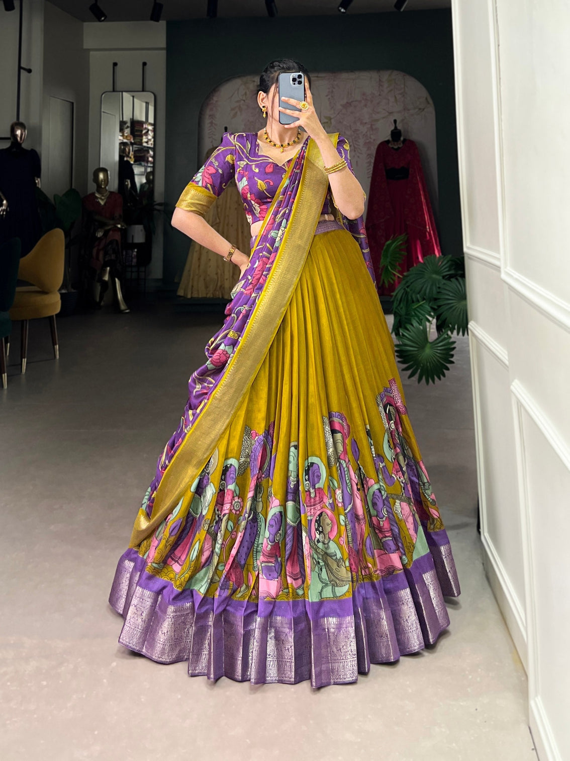 Royal mustard purple dola silk kalamkari lehenga set with zari weaving border
