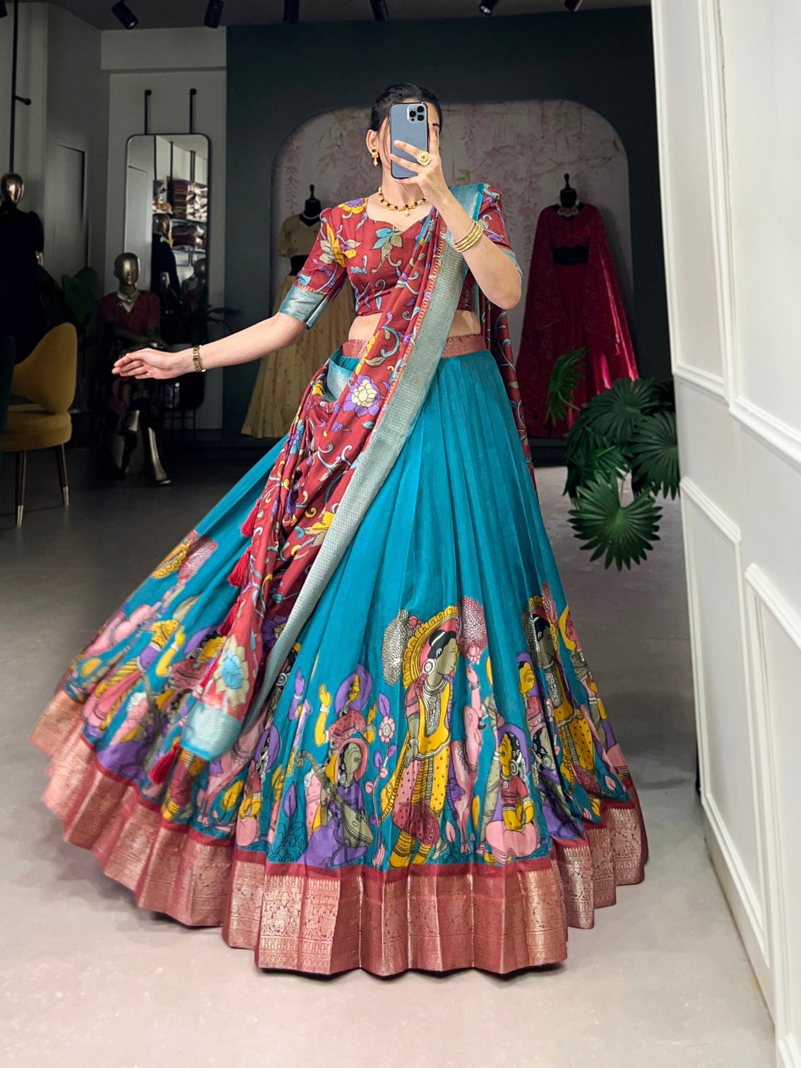 Exquisite aqua blue rust dola silk kalamkari lehenga set with zari weaving border mameraa