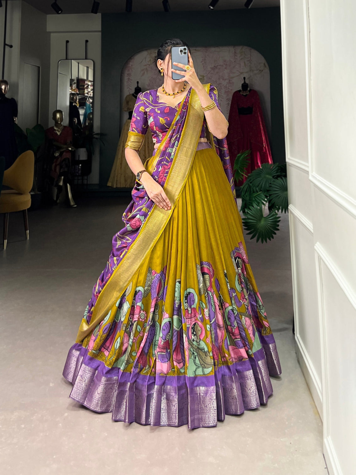 Royal mustard purple dola silk kalamkari lehenga set with zari weaving border mameraa