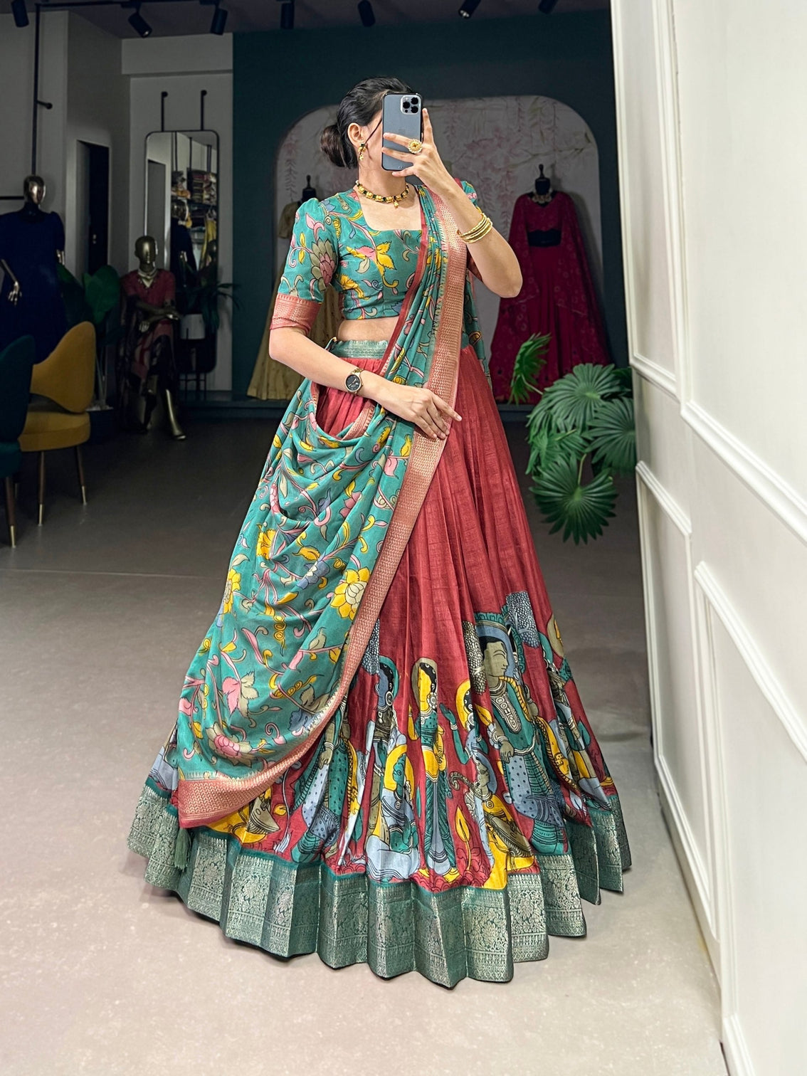 Elegant green rust kalamkari print dola silk lehenga set