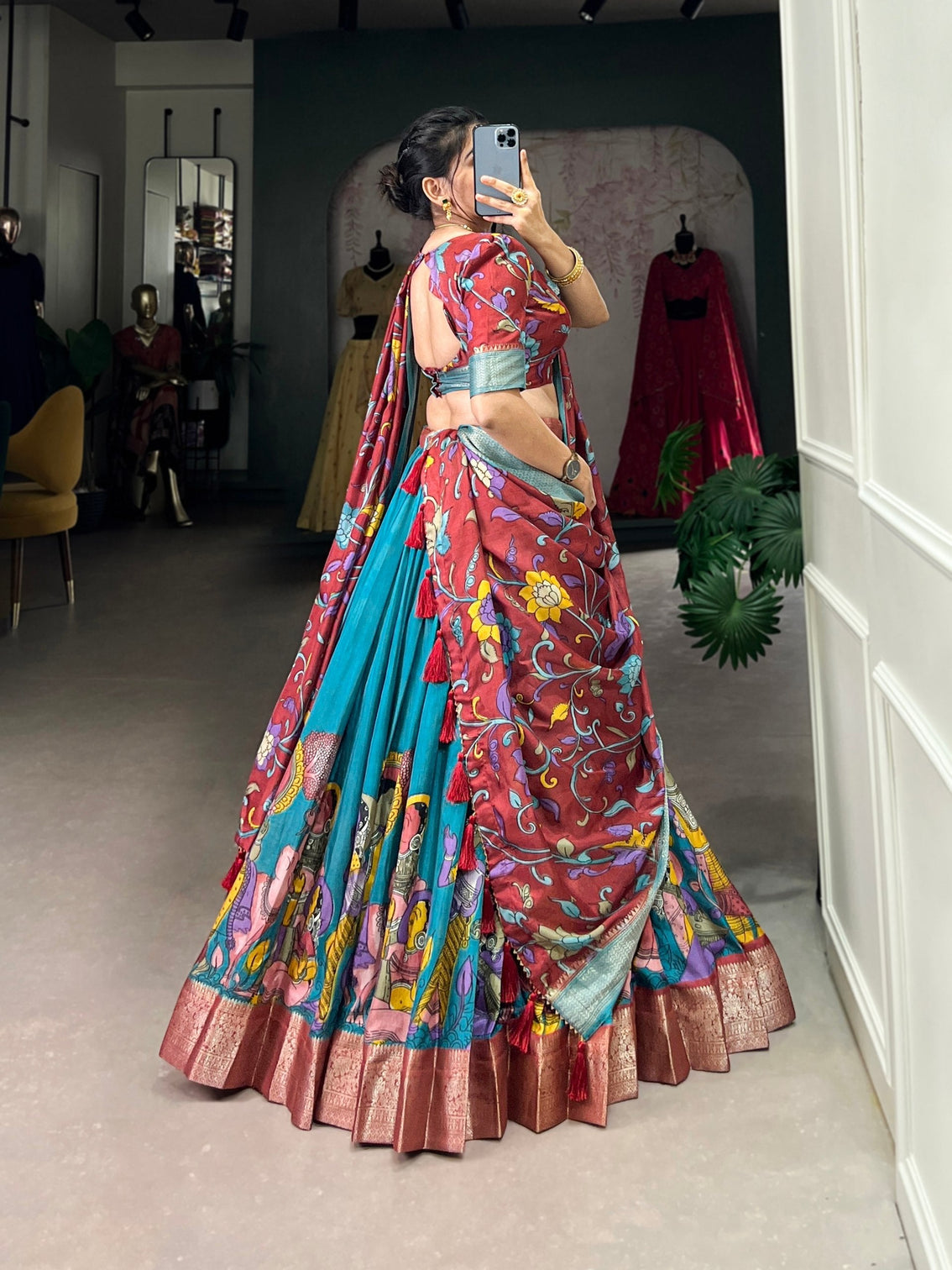Exquisite aqua blue rust dola silk kalamkari lehenga set with zari weaving border