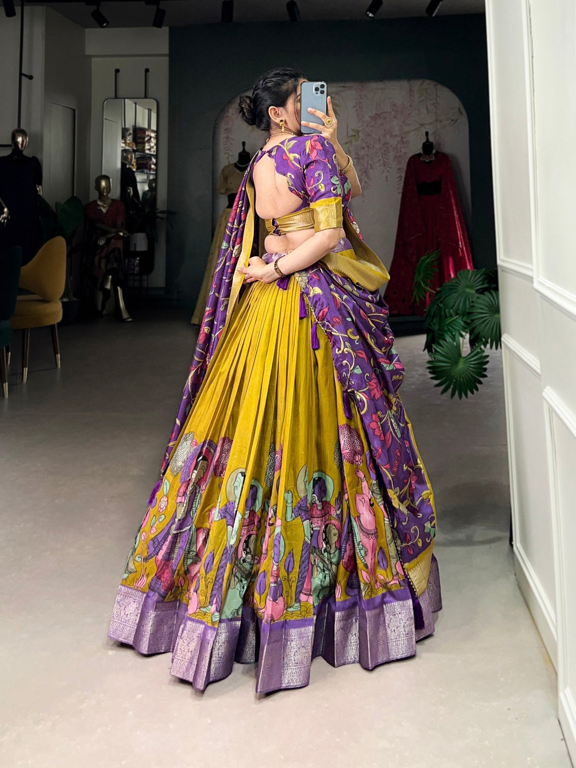 Royal mustard purple dola silk kalamkari lehenga set with zari weaving border