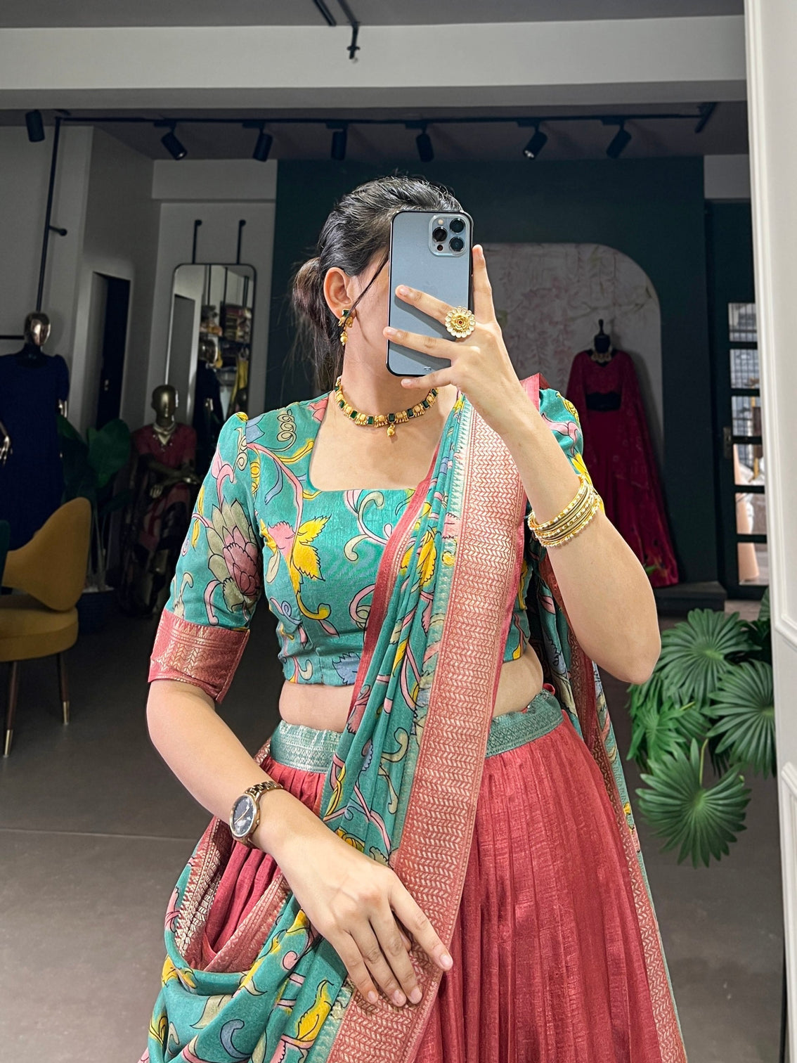 Elegant green rust kalamkari print dola silk lehenga set