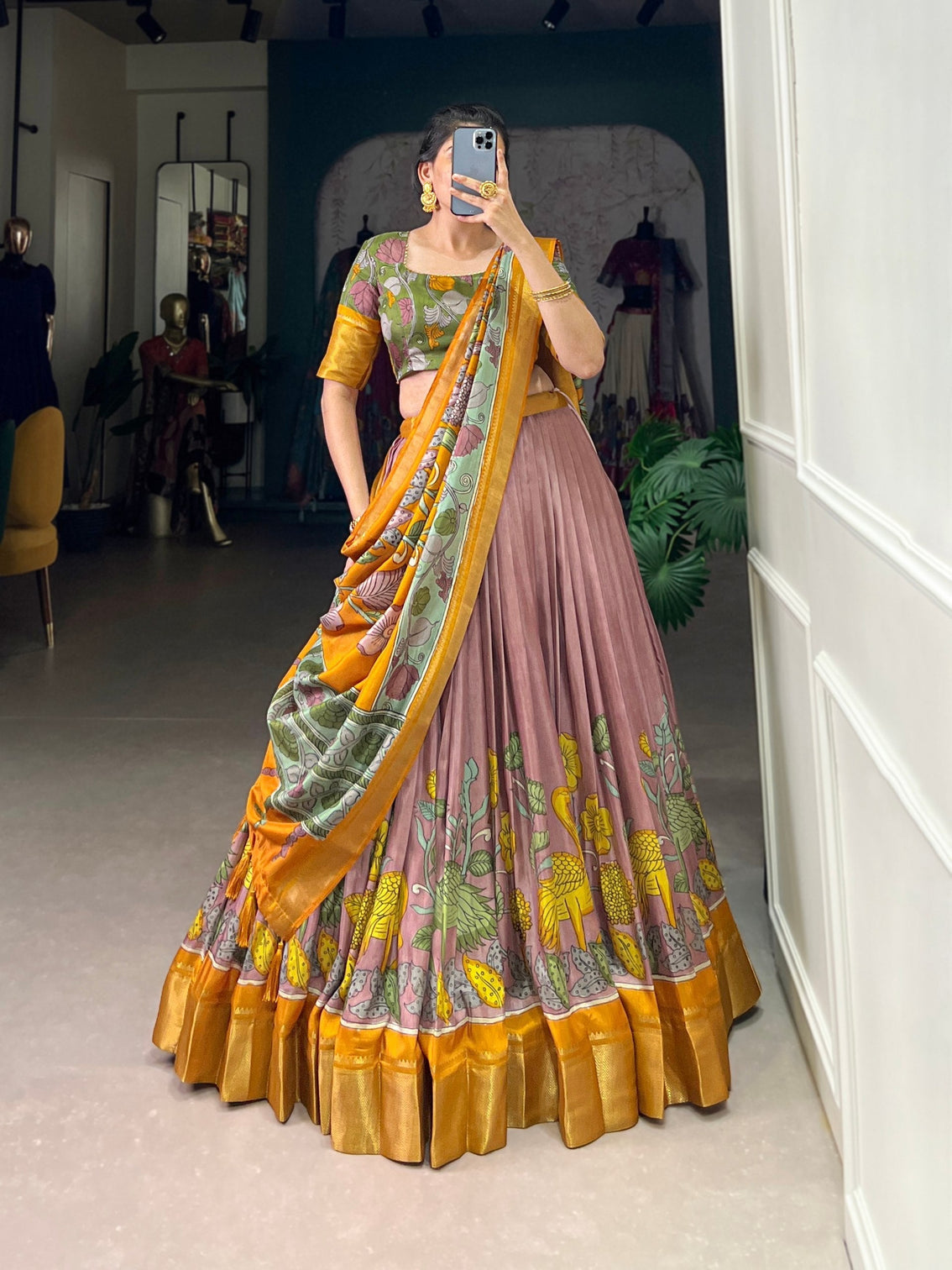 Blush mustard kalamkari elegance dola silk lehenga set