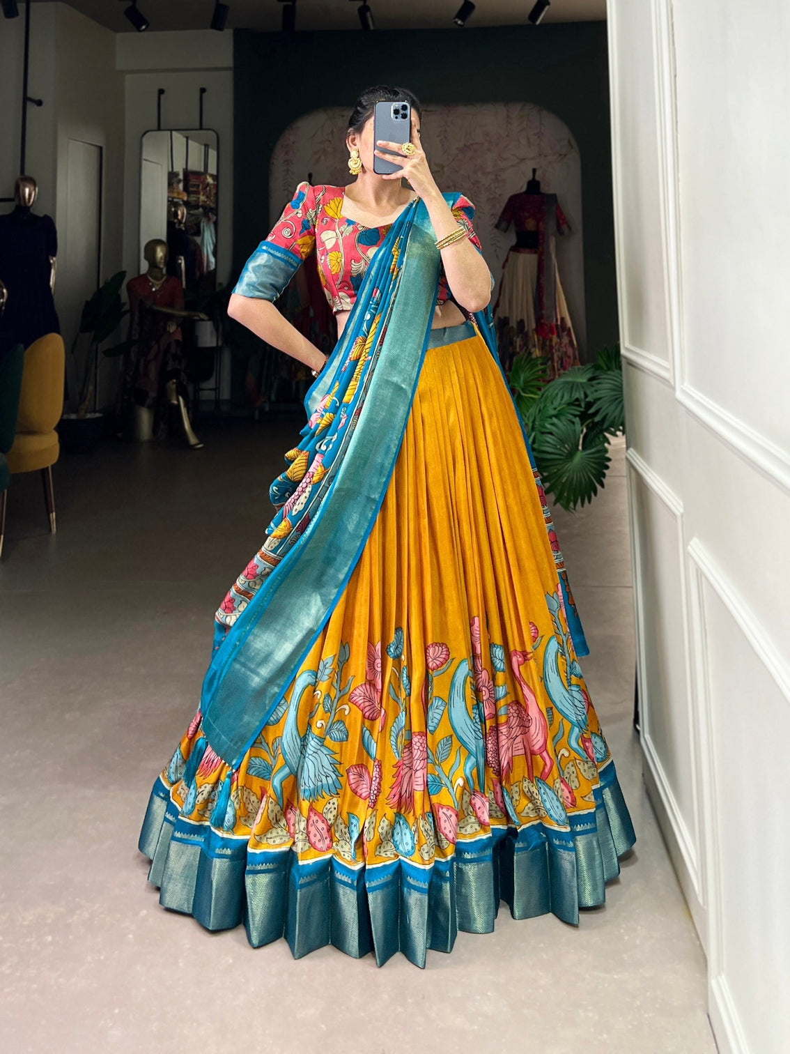 Golden sunbeam teal kalamkari dola silk lehenga set a royal tapestry of heritage elegance mameraa