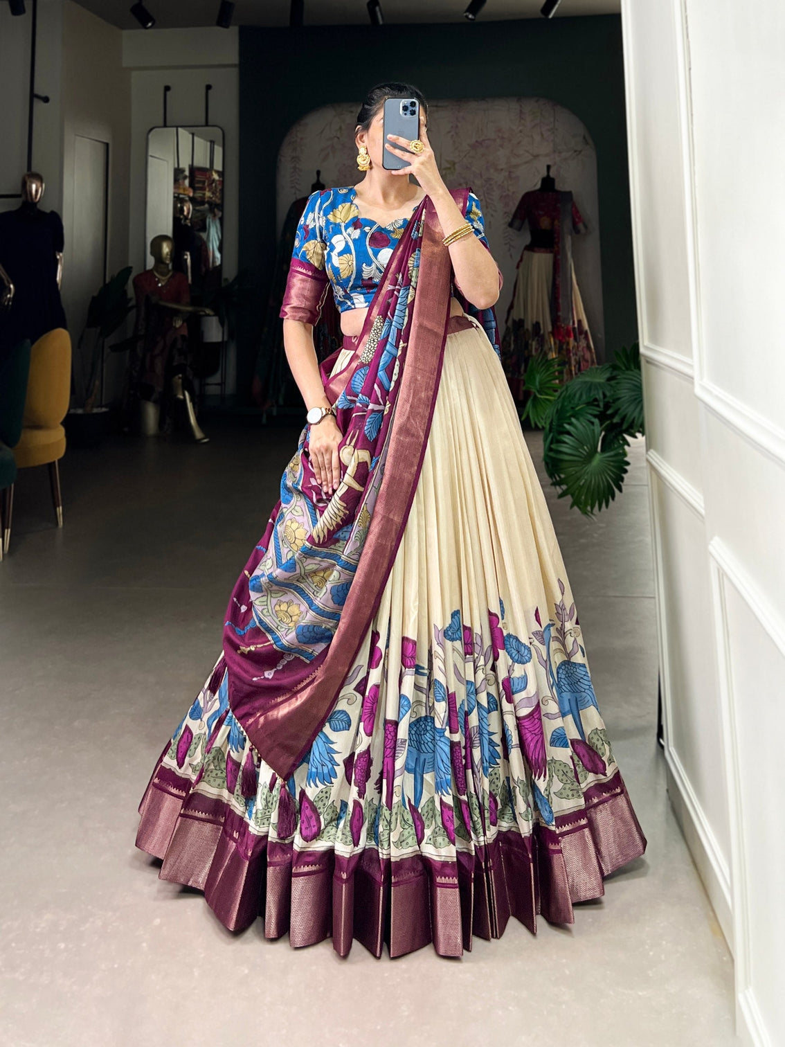 Royal ivory maroon tussar silk kalamkari lehenga a heritage affair