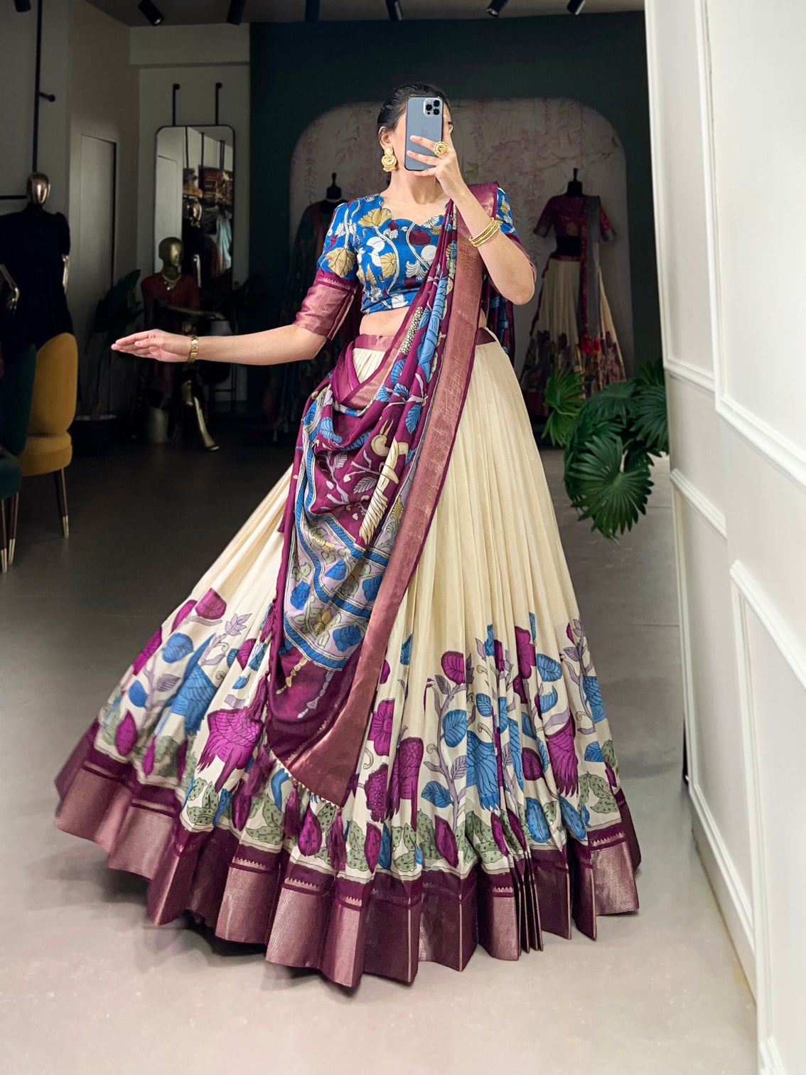 Royal ivory maroon tussar silk kalamkari lehenga a heritage affair mameraa