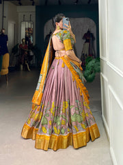 Blush mustard kalamkari elegance dola silk lehenga set
