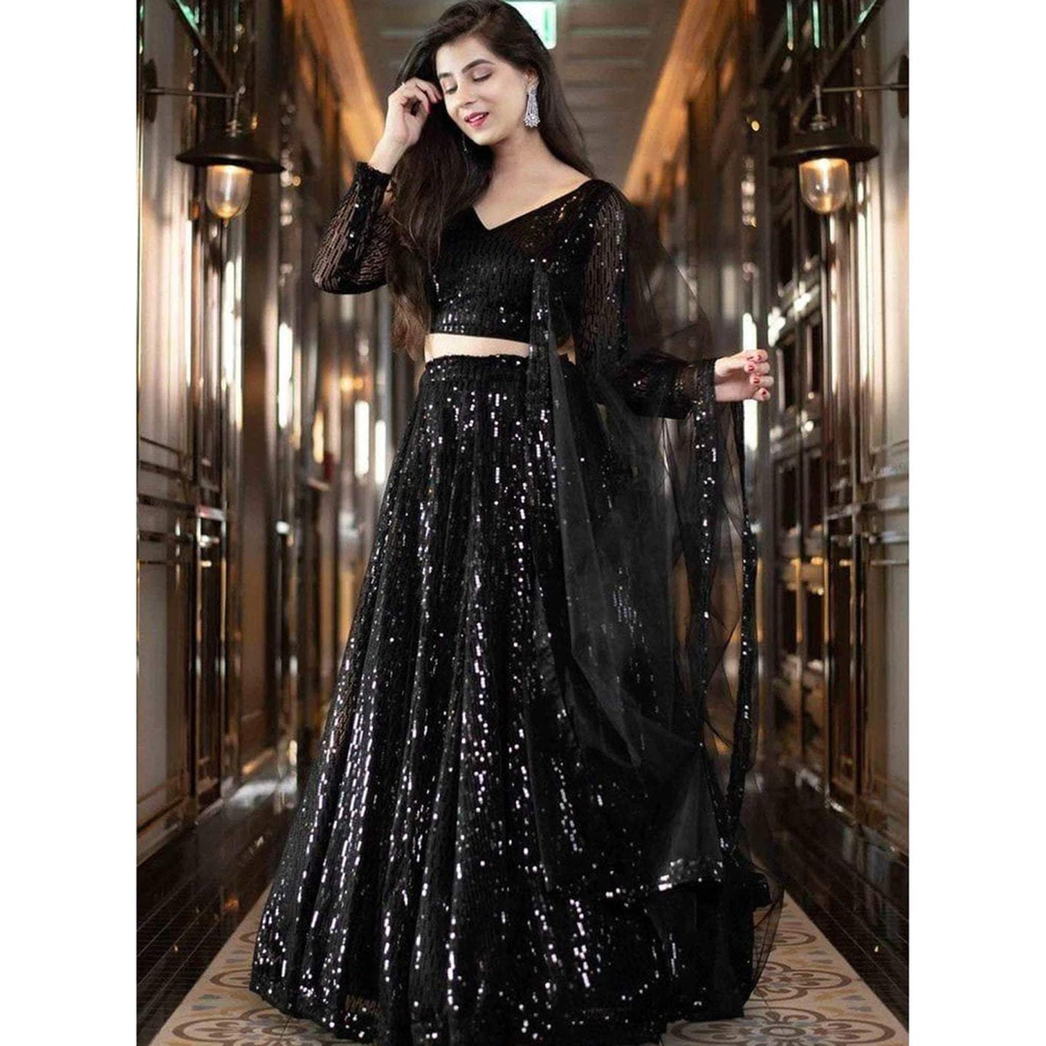 Black Lehenga Choli with Heavy Sequence Embroidery Work and Dupatta