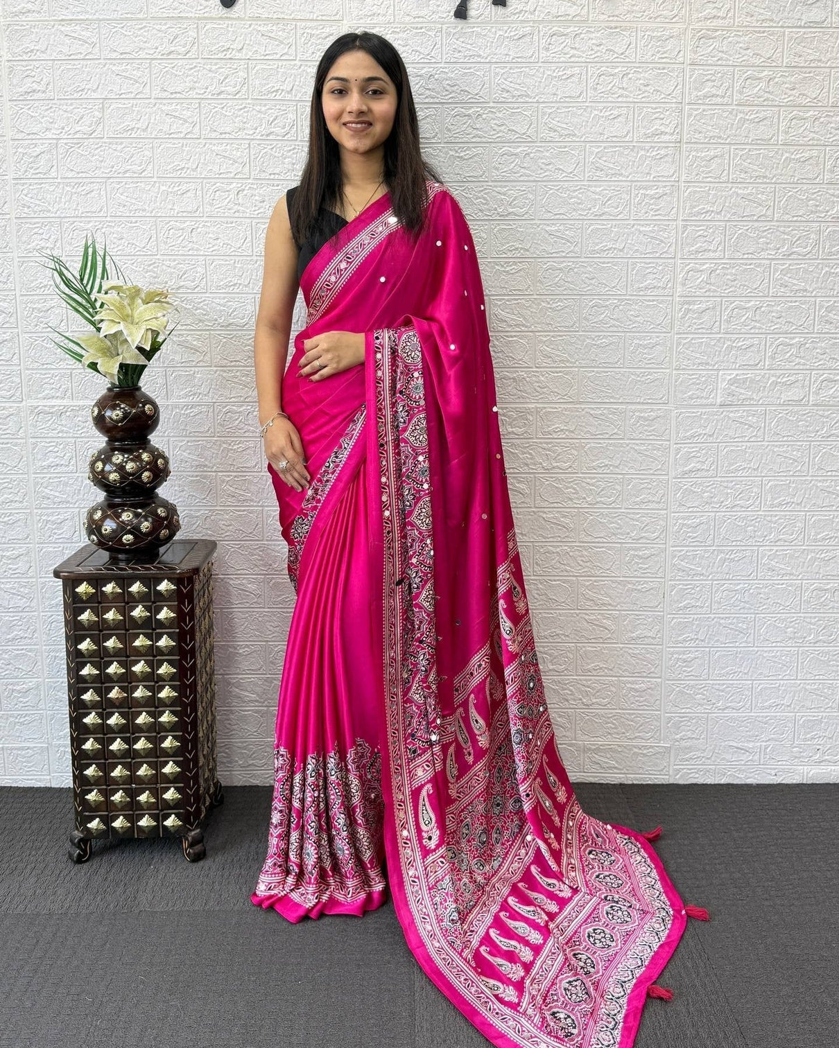 Rani pink modal silk saree with heritage paisley pallu intricate ethnic border designer traditional print