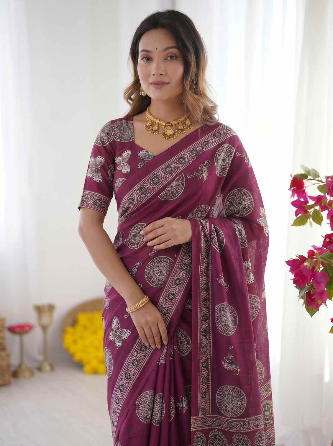 Wine purple modal silk saree with traditional circular motif print heritage designer pallu festive ethnic wear saree