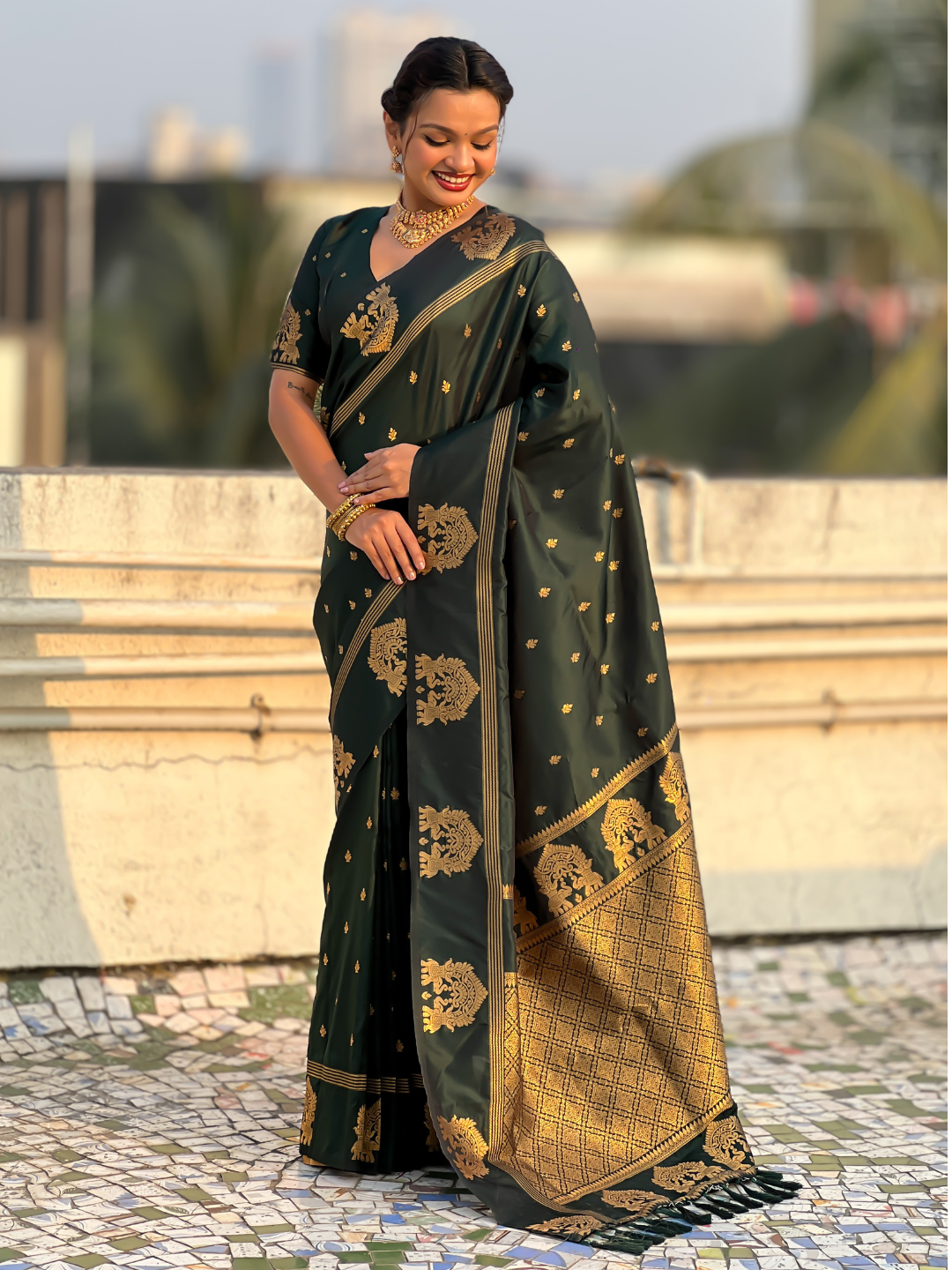 Bottle Green Soft Silk Traditional Zari Woven Saree