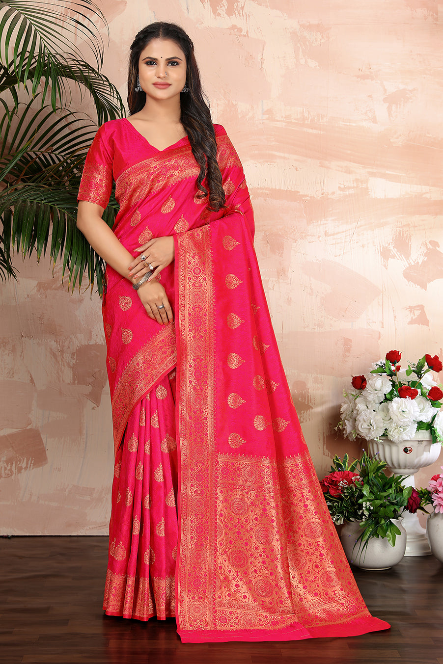 Rani Pink color woven zari work banarasi saree