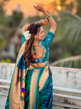 Parrot Green Wedding Special Nauvari Paithani Soft Silk Saree with Zari Woven Polka Motifs and Peacock Pallu