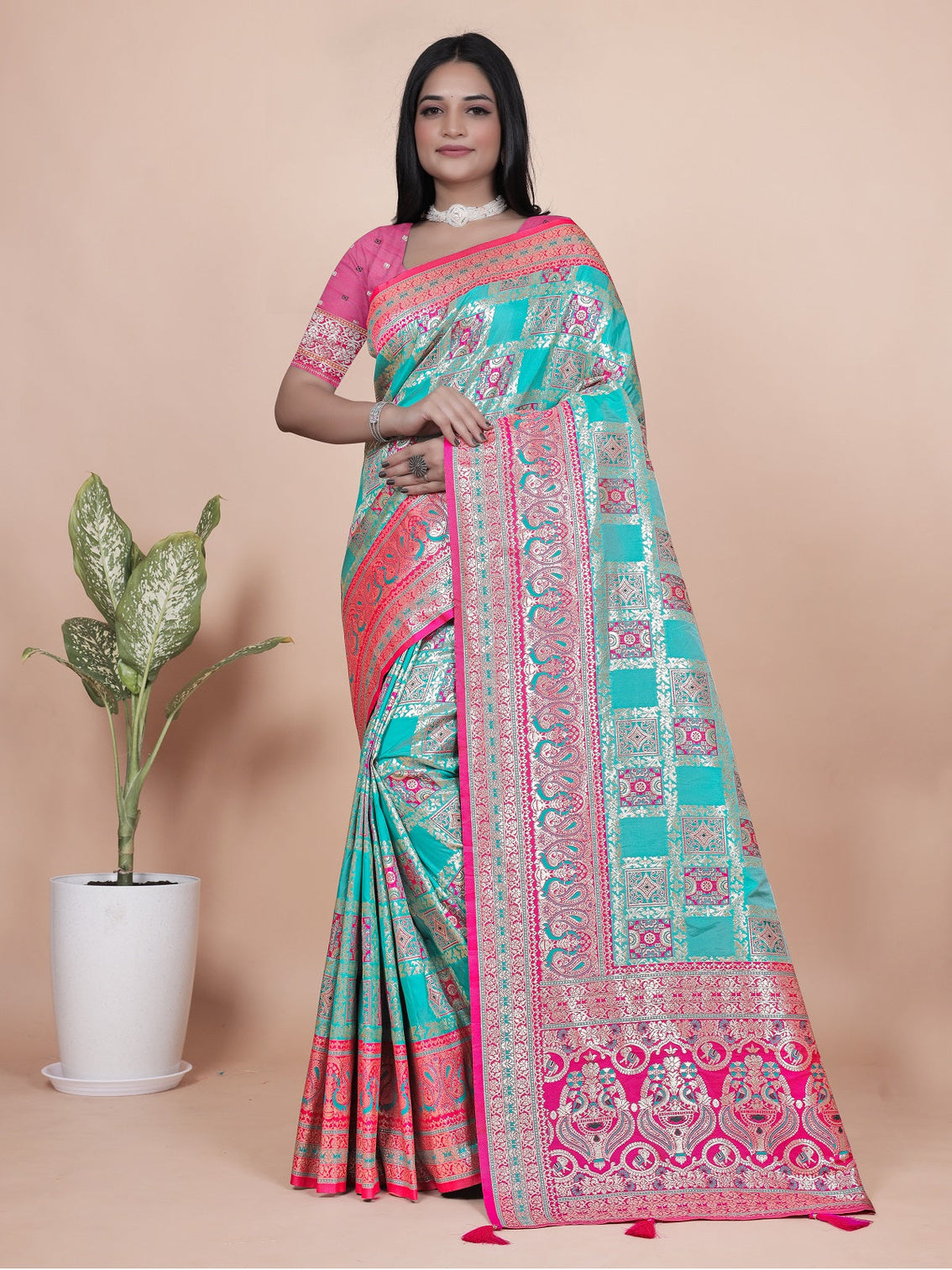 Premium Aqua and Pink Banarasi Silk Saree with Zari Embroidery
