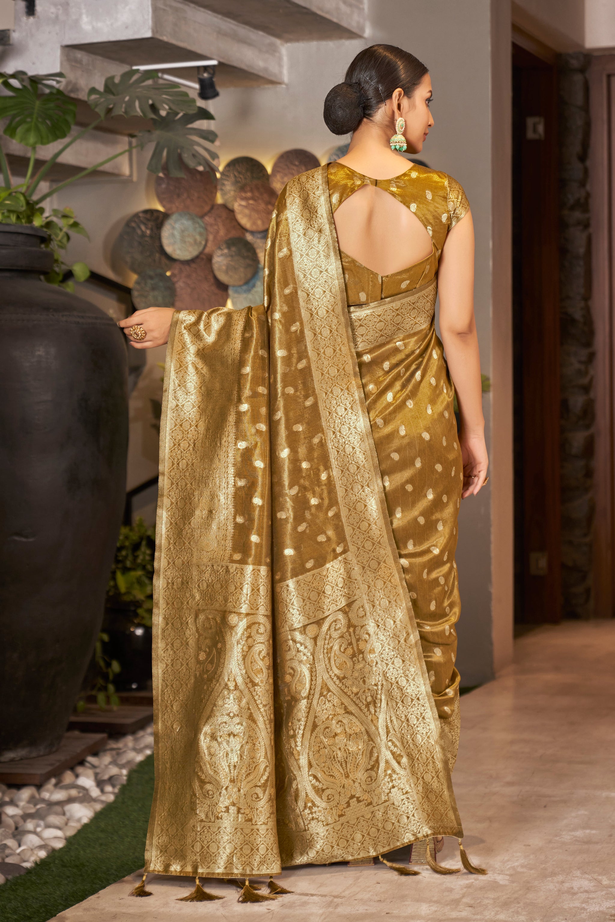 Mustard Color Weaving Zari Work Classic Saree For Festival