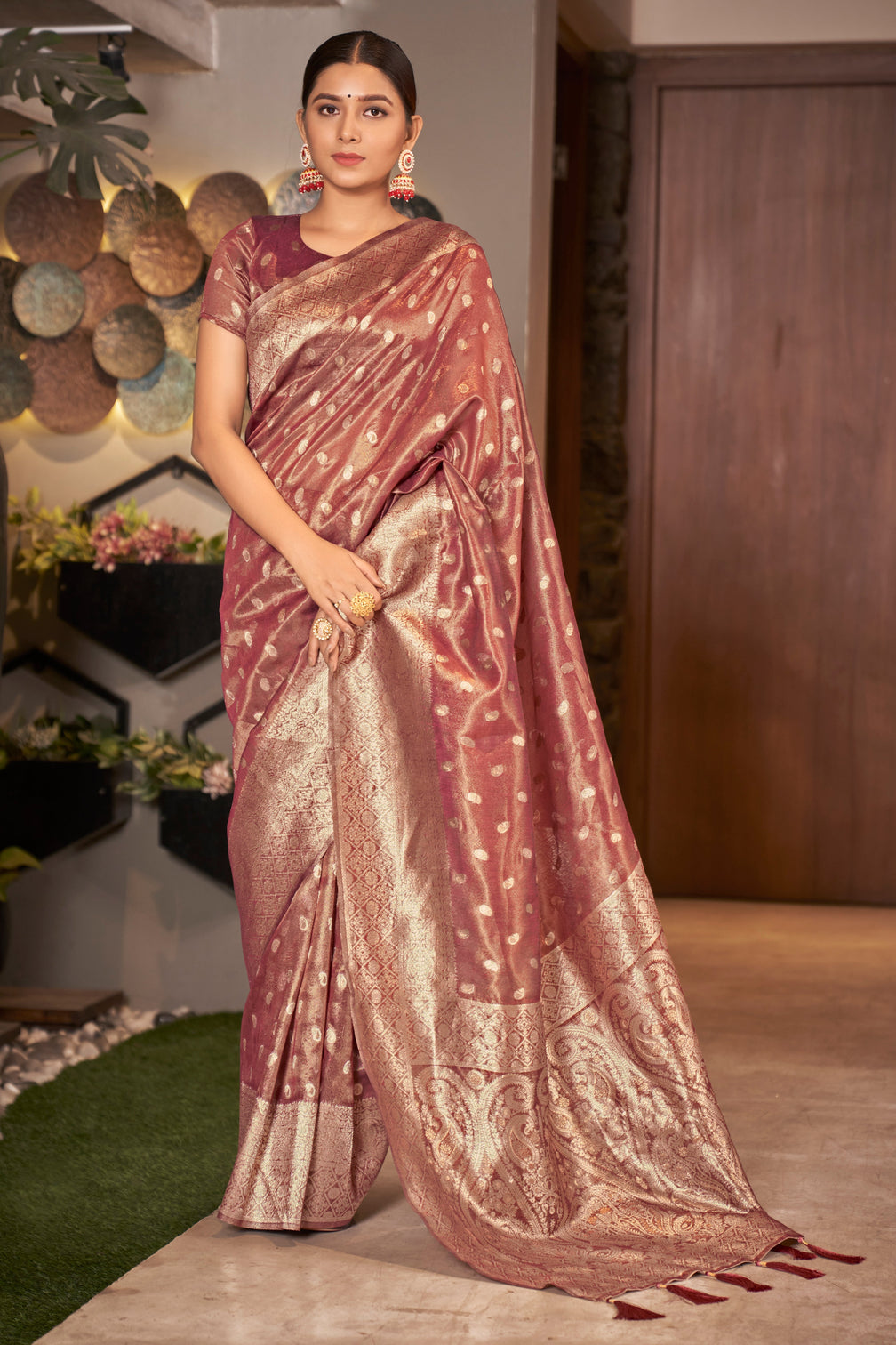 Rust Pink Color Weaving Zari Work Classic Saree For Festival