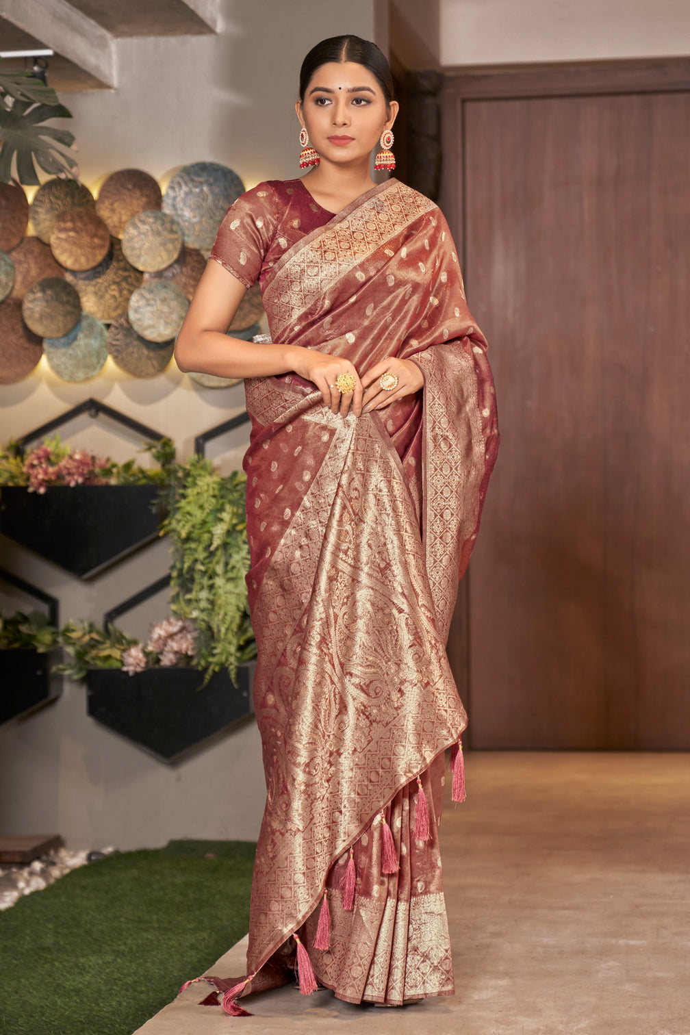 Rust Pink Color Weaving Zari Work Classic Saree For Festival