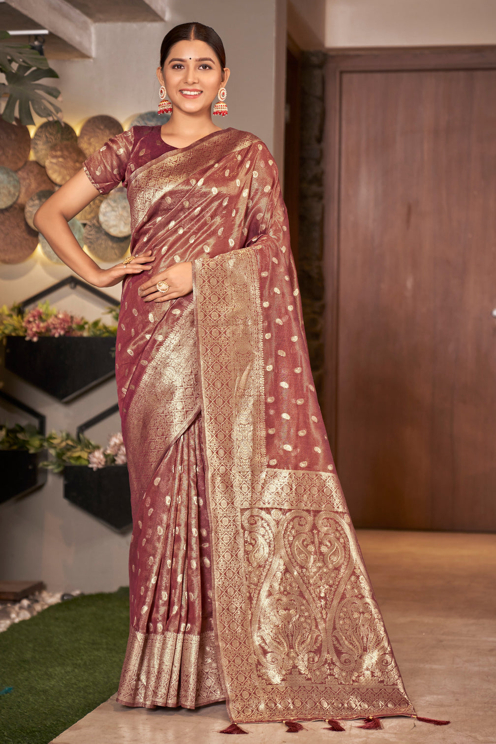 Rust Pink Color Weaving Zari Work Classic Saree For Festival