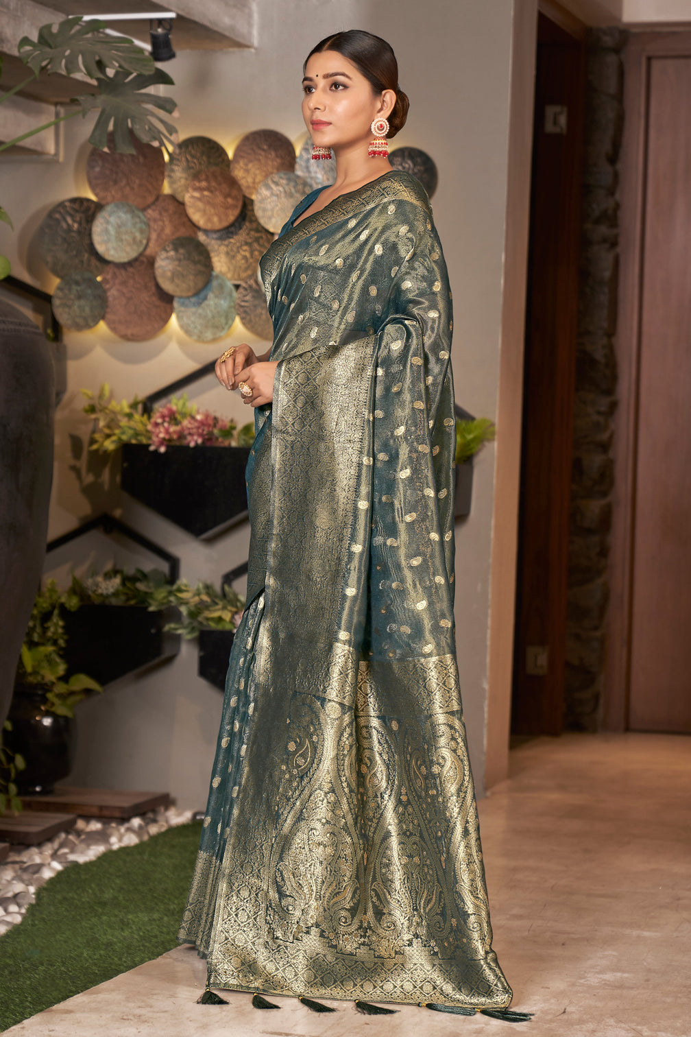 Grey Color Weaving Zari Work Classic Saree For Festival