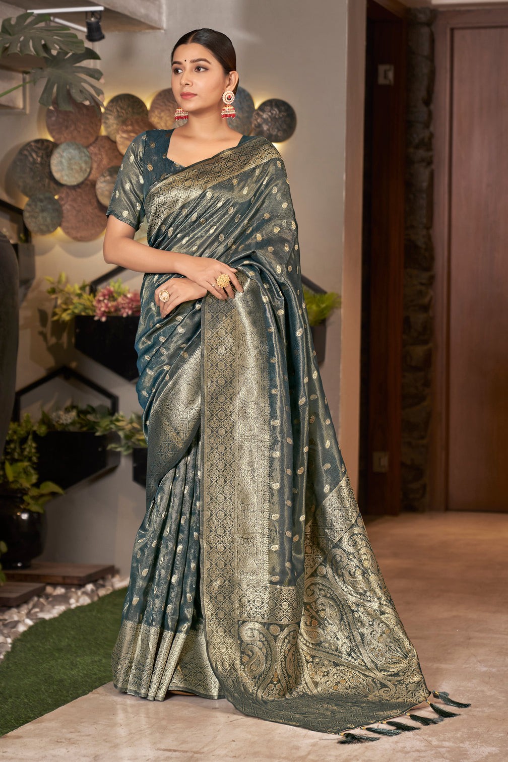 Grey Color Weaving Zari Work Classic Saree For Festival
