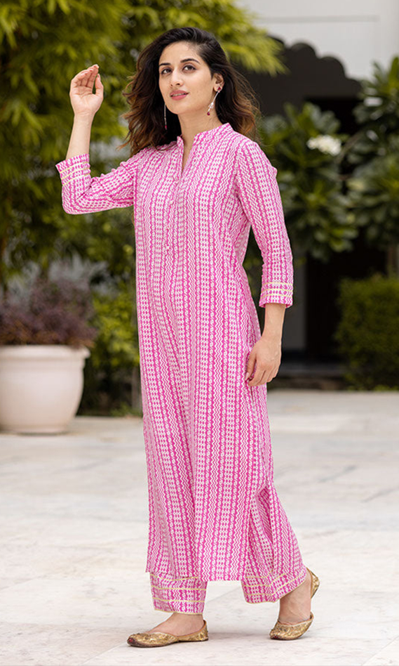 Pink Pure Muslin Kurti Set with Printed Work