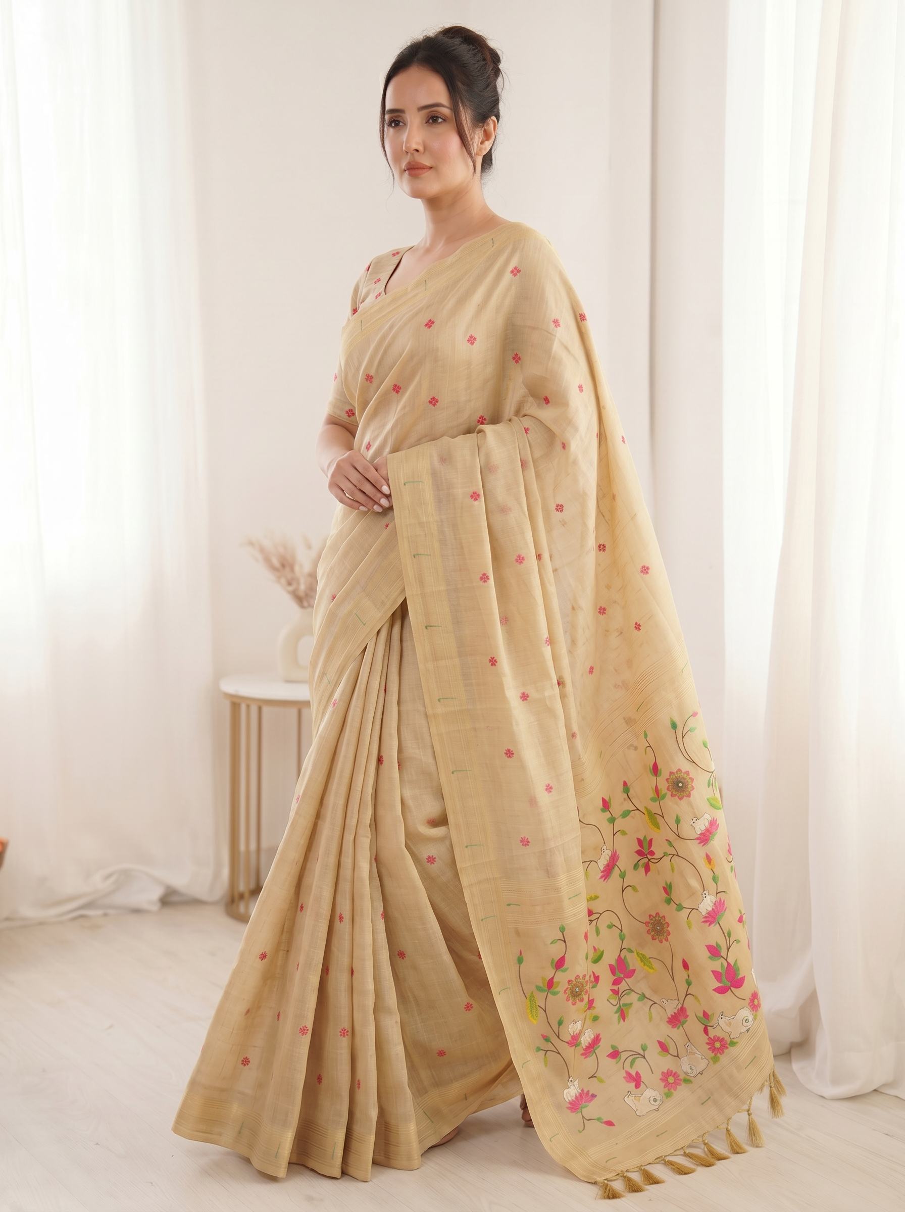 Chickoo Premium Soft Muga Cotton Saree with Paithani Swan Meenakari Pallu
