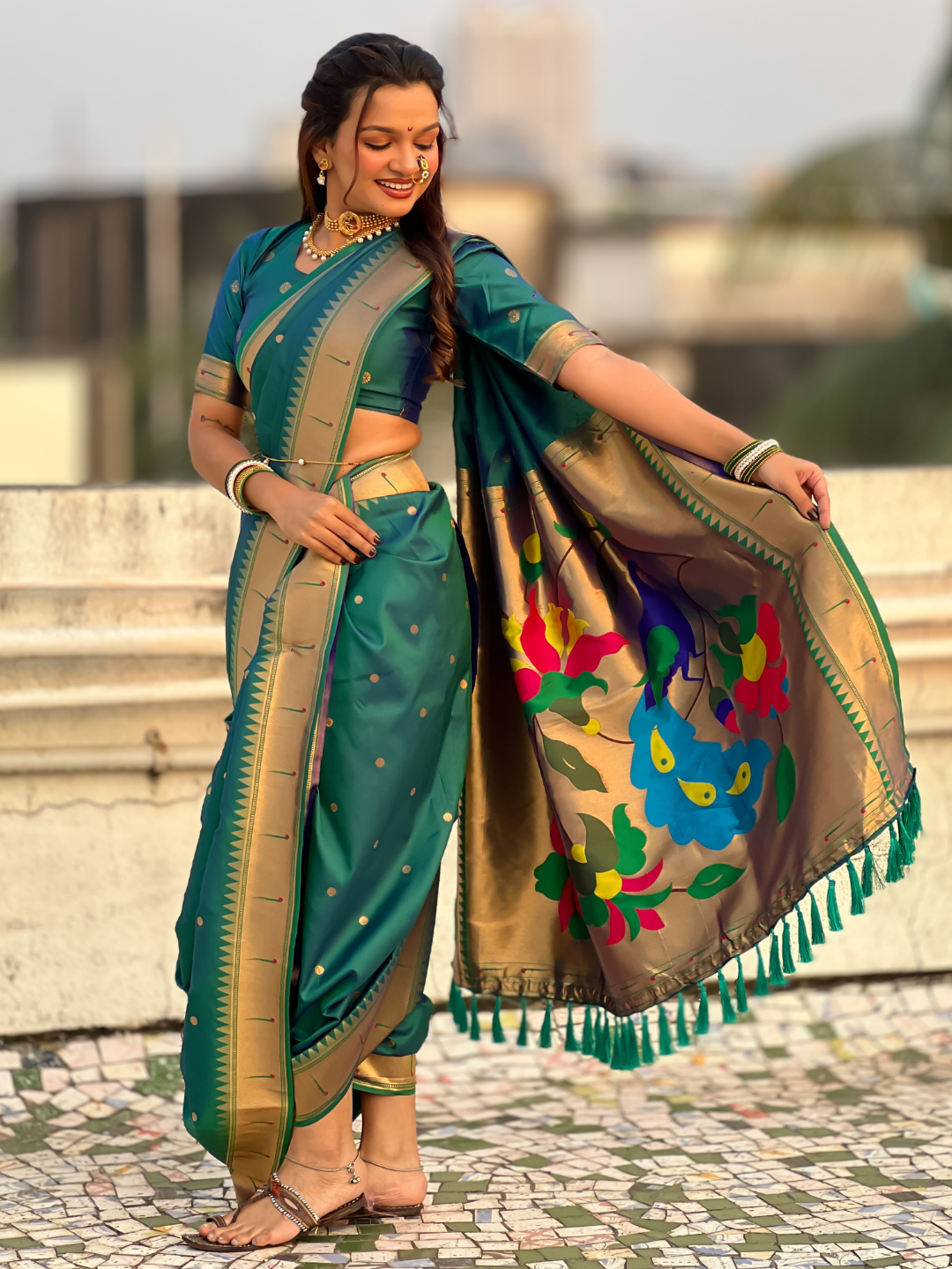 Parrot Green Wedding Special Nauvari Paithani Soft Silk Saree with Zari Woven Polka Motifs and Peacock Pallu