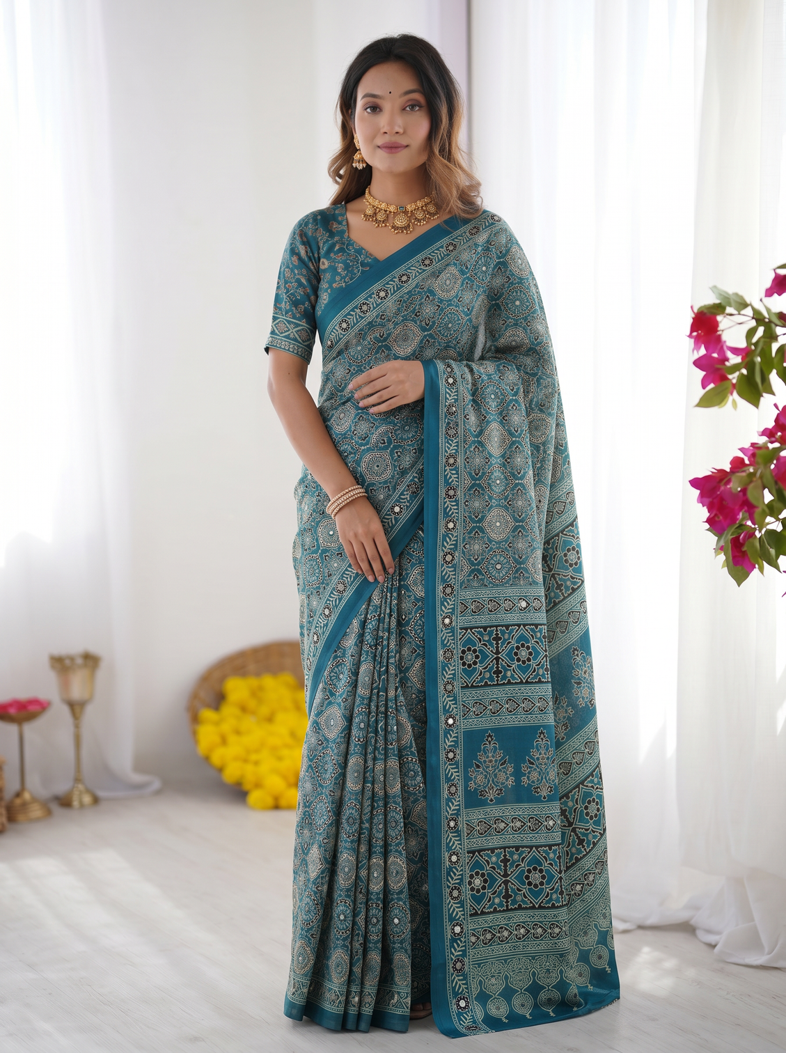 Teal blue modal silk saree with heritage geometric motifs intricate printed border traditional designer pallu